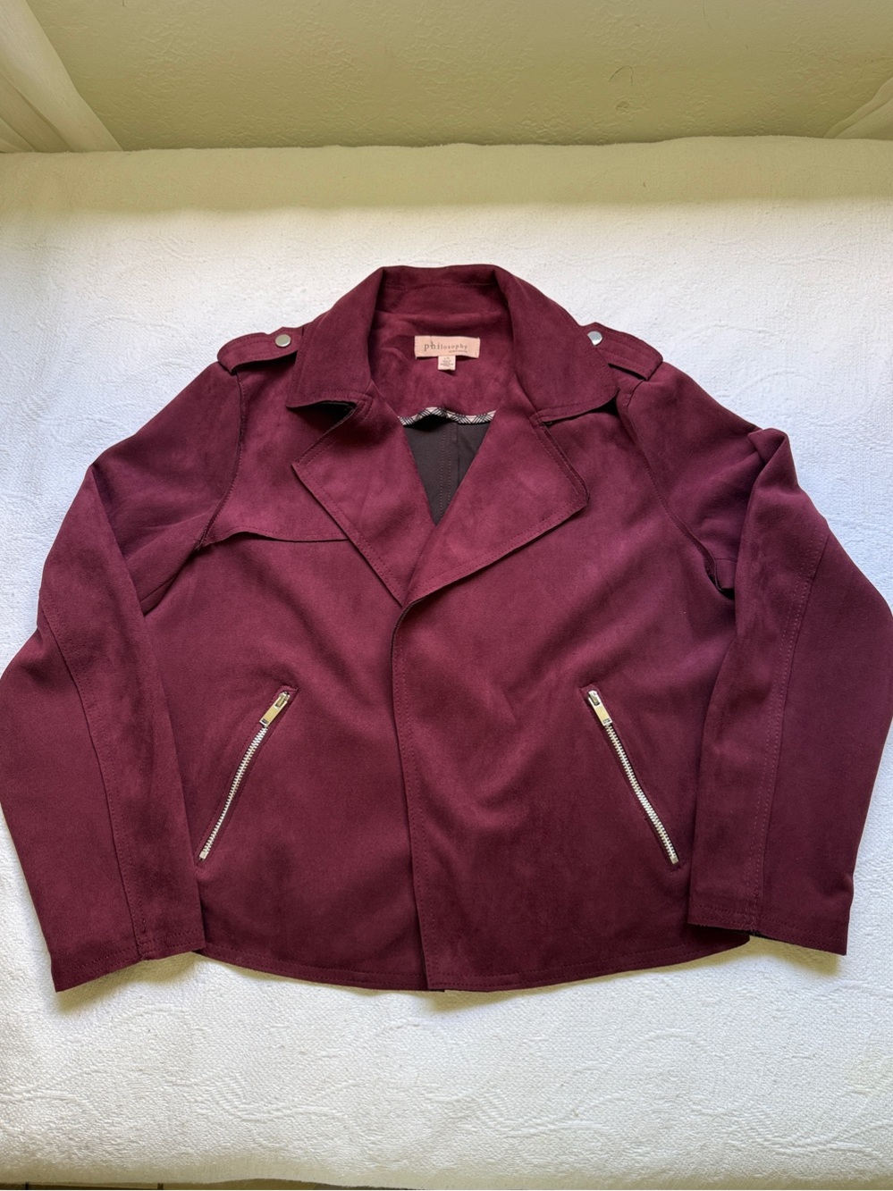 Philosophy Suede-Look Moto Jacket in Burgundy Red size L Chic Zip Detail Biker - Picture 7 of 16